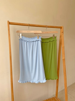 Smocking banding frill layered skirt vivid back slit midi skirt