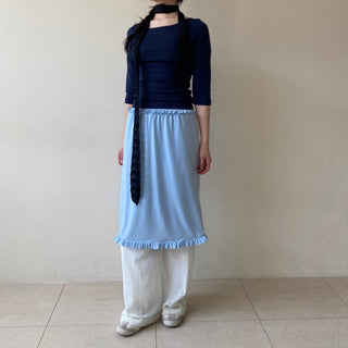 Smocking banding frill layered skirt vivid back slit midi skirt