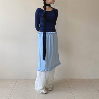 Smocking banding frill layered skirt vivid back slit midi skirt