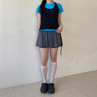 Frilled sumo elastic skirt-pants, rayon shorts, flare skirt-pants