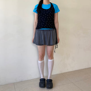 Frilled sumo elastic skirt-pants, rayon shorts, flare skirt-pants