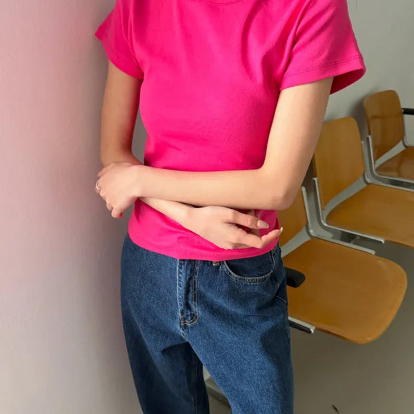 Basic Color Short Sleeve Round Neck Plain T-shirt