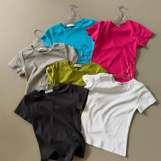 Basic Color Short Sleeve Round Neck Plain T-shirt