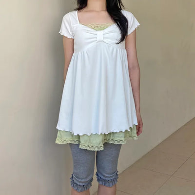 Ribbon Neck Shirred Short Sleeve T-shirt
