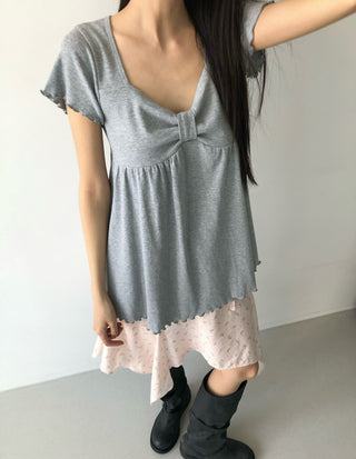 Ribbon Neck Shirred Short Sleeve T-shirt