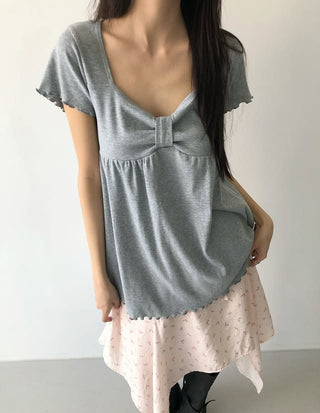 Ribbon Neck Shirred Short Sleeve T-shirt