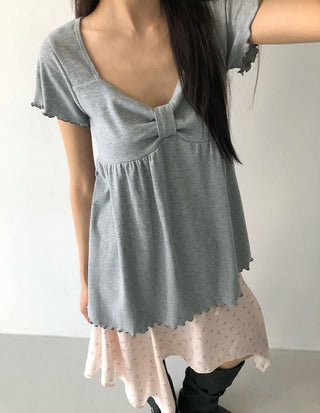 Ribbon Neck Shirred Short Sleeve T-shirt