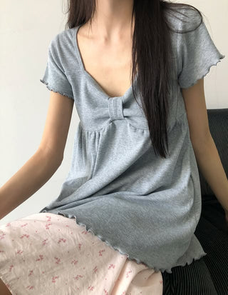 Ribbon Neck Shirred Short Sleeve T-shirt