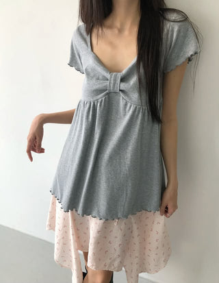 Ribbon Neck Shirred Short Sleeve T-shirt