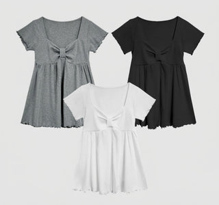 Ribbon Neck Shirred Short Sleeve T-shirt