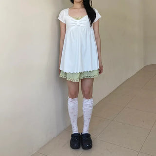 Ribbon Neck Shirred Short Sleeve T-shirt