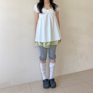 Ribbon Neck Shirred Short Sleeve T-shirt
