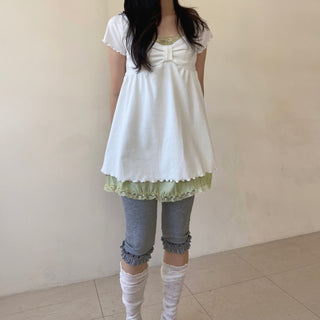 Ribbon Neck Shirred Short Sleeve T-shirt