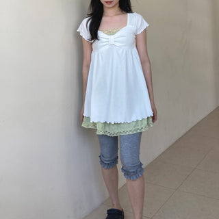 Ribbon Neck Shirred Short Sleeve T-shirt