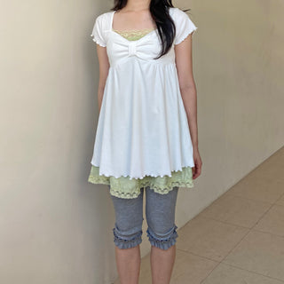 Ribbon Neck Shirred Short Sleeve T-shirt