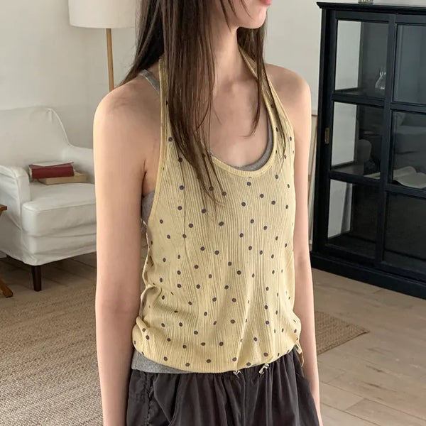 Dot halterneck sleeveless top, polka dot layered sleeveless T-shirt