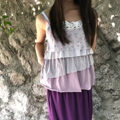 Flower Lace Frill Color Block Tiered Sleeveless Mori Girl Vintage Flower Strap Sleeveless