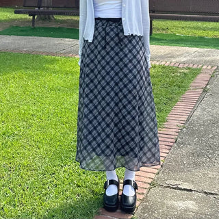 Chiffon Check Long Skirt Geek Chic Skirt