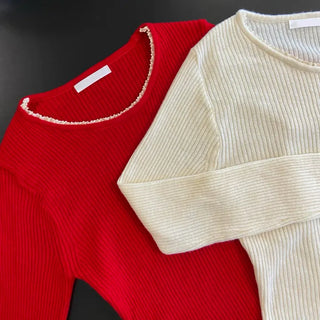 Hand Warmer Lace Ribbed Knit Slim Fit T-shirt