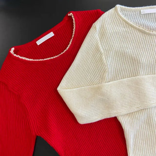 Hand Warmer Lace Ribbed Knit Slim Fit T-shirt
