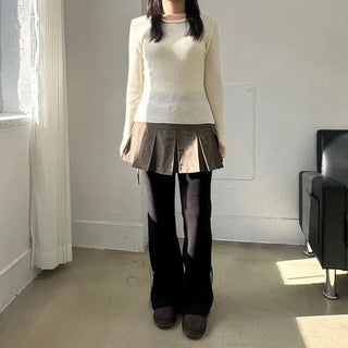 Hand Warmer Lace Ribbed Knit Slim Fit T-shirt