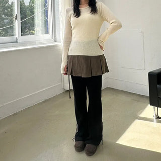 Hand Warmer Lace Ribbed Knit Slim Fit T-shirt