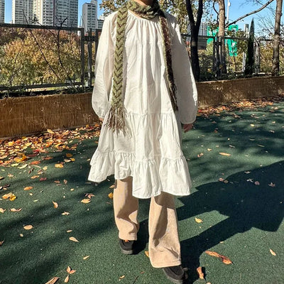 Dot pocket tiered balloon blouse dress layered long dress