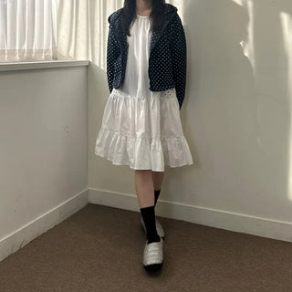 Dot pocket tiered balloon blouse dress layered long dress