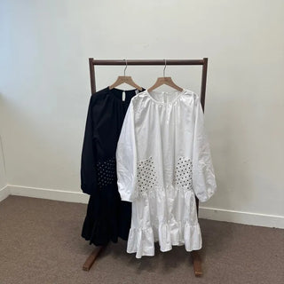 Dot pocket tiered balloon blouse dress layered long dress