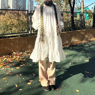 Dot pocket tiered balloon blouse dress layered long dress
