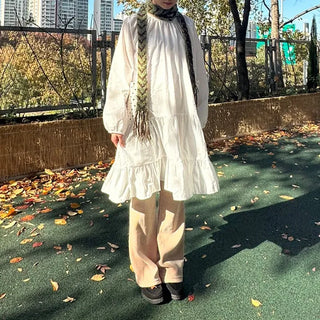 Dot pocket tiered balloon blouse dress layered long dress
