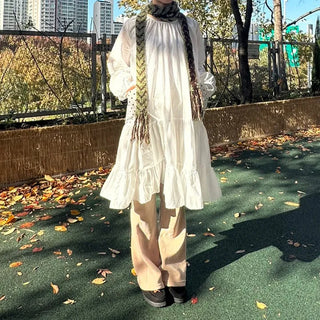 Dot pocket tiered balloon blouse dress layered long dress