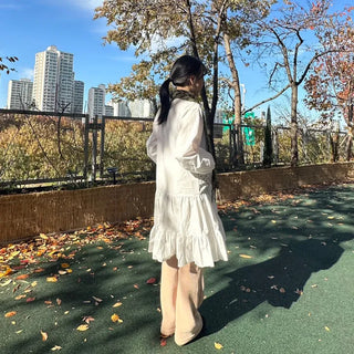 Dot pocket tiered balloon blouse dress layered long dress