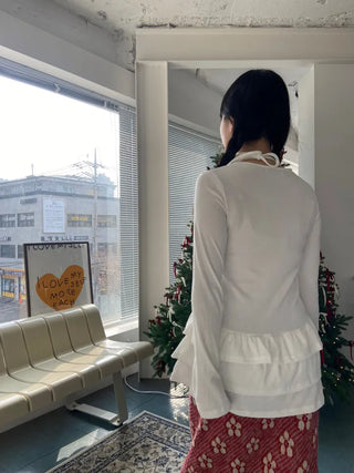 Frill Tiered Halter Tee, Hand Warmer Tee, Ruffled Long Sleeve Tee