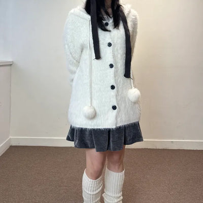 Pom-Pom Knit Hooded Cardigan Hairy Loose Fit Knit Zip-Up