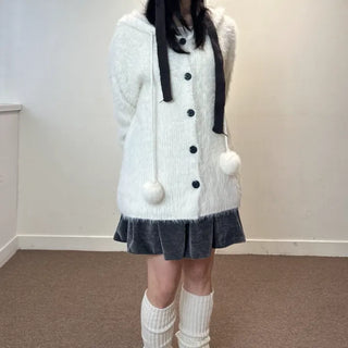 Pom-Pom Knit Hooded Cardigan Hairy Loose Fit Knit Zip-Up