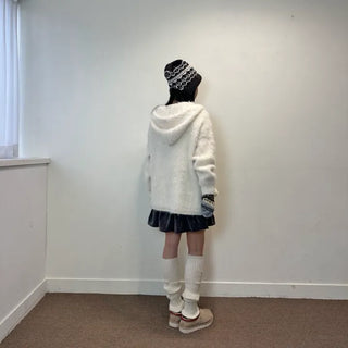 Pom-Pom Knit Hooded Cardigan Hairy Loose Fit Knit Zip-Up