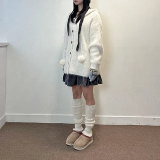 Pom-Pom Knit Hooded Cardigan Hairy Loose Fit Knit Zip-Up