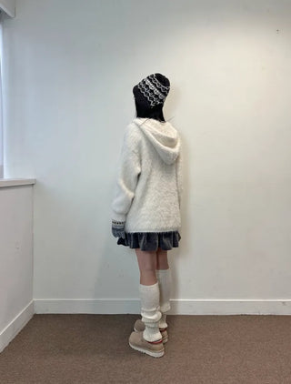 Pom-Pom Knit Hooded Cardigan Hairy Loose Fit Knit Zip-Up