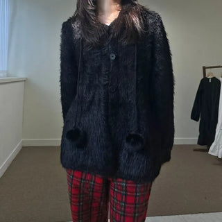 Pom-Pom Knit Hooded Cardigan Hairy Loose Fit Knit Zip-Up