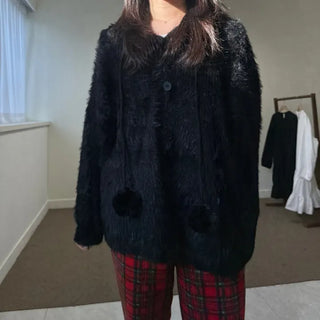 Pom-Pom Knit Hooded Cardigan Hairy Loose Fit Knit Zip-Up
