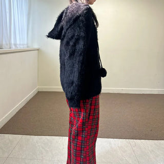Pom-Pom Knit Hooded Cardigan Hairy Loose Fit Knit Zip-Up