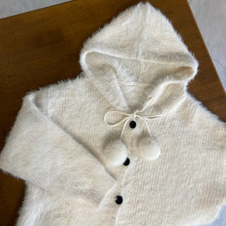 Pom-Pom Knit Hooded Cardigan Hairy Loose Fit Knit Zip-Up