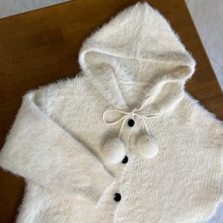 Pom-Pom Knit Hooded Cardigan Hairy Loose Fit Knit Zip-Up
