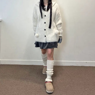 Pom-Pom Knit Hooded Cardigan Hairy Loose Fit Knit Zip-Up