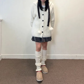 Pom-Pom Knit Hooded Cardigan Hairy Loose Fit Knit Zip-Up