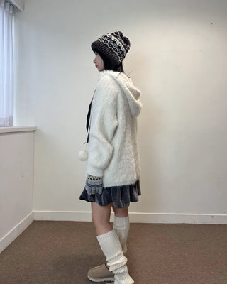 Pom-Pom Knit Hooded Cardigan Hairy Loose Fit Knit Zip-Up