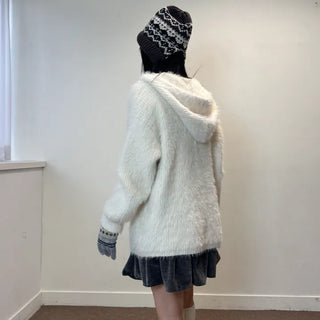 Pom-Pom Knit Hooded Cardigan Hairy Loose Fit Knit Zip-Up