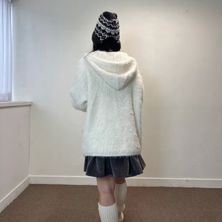 Pom-Pom Knit Hooded Cardigan Hairy Loose Fit Knit Zip-Up