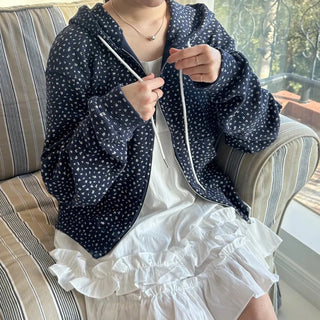 Blue Small Floral Waffle Zip-Up Flower Loose Fit Hoodie Spring Jumper